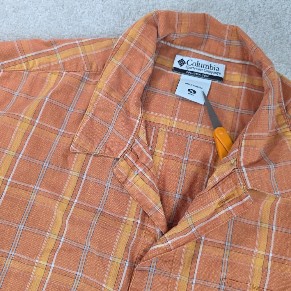 Columbia Shirt Mens XL Orange Plaid Cotton Button-Up Outdoor Hiking Short Sleeve